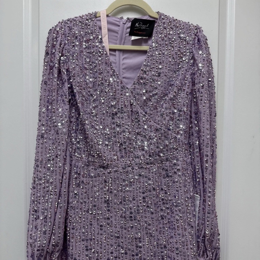 NWT Mac Duggal Purple Sequined Puff Sleeve V Neck Midi Lavender 14 - Picture 9 of 16